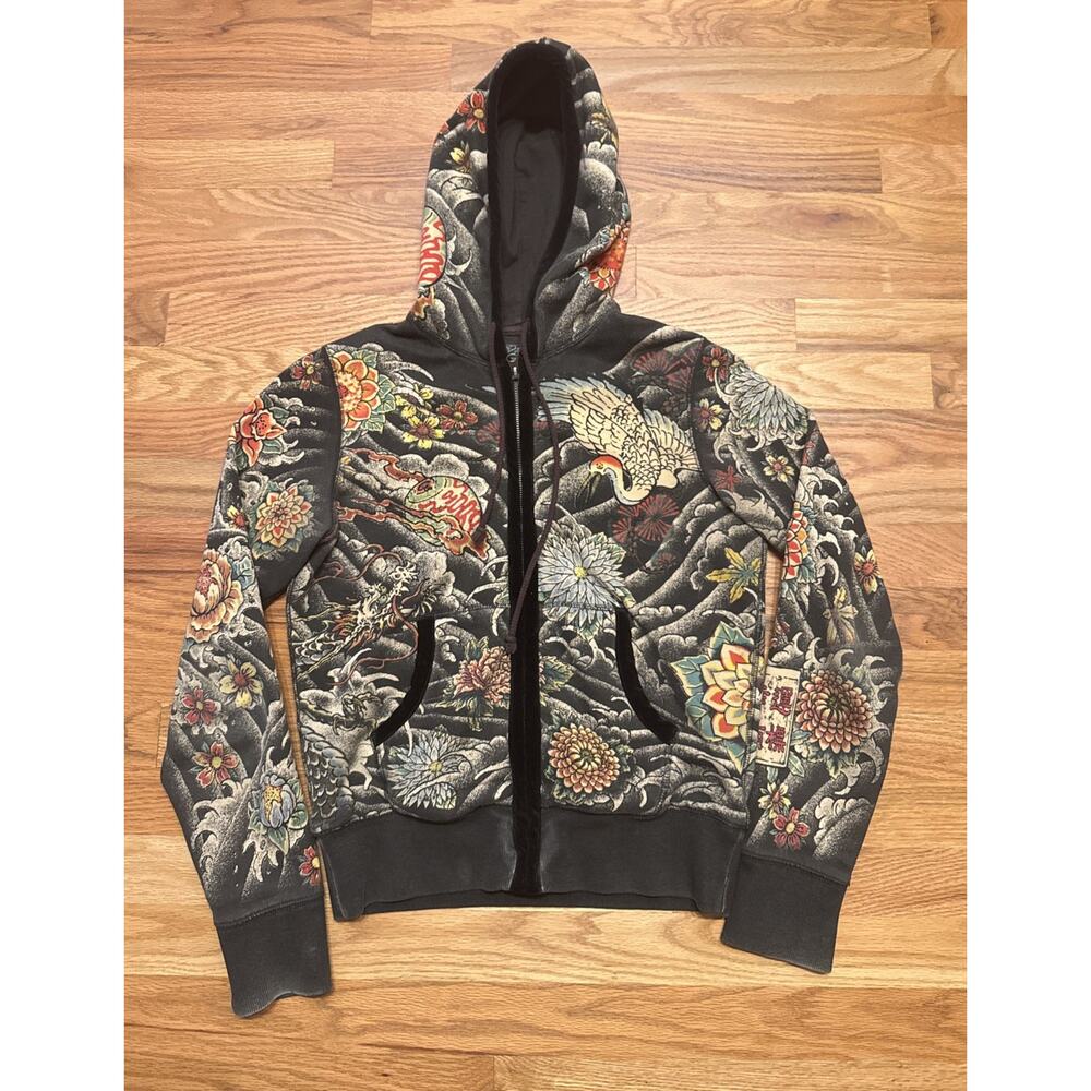 Y2K vintage Lucky Brand XS Asian dragon crane flower zip up hoodie tattoo